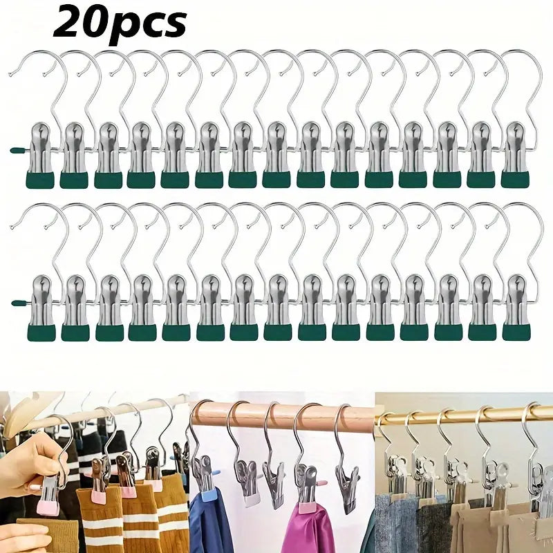 20pcs  Multi-Use Clips with Hooks - Portable Hangers Rotatable Clothes Hanger Organizers for Laundry, Pants, Hats & Skirts Hanger Set - 360° Rotating Storage Organizer
