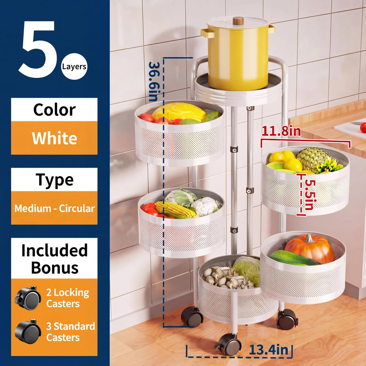 4 Tier Rotating Kitchen Storage Cart on Wheels, Carbon Steel Moving Storage Rack with Top Lid & Basket for Kitchen, Bathroom, Living Room, Bedroom