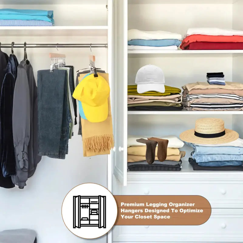 Wooden Leggings Hanger 2-Pack - Hanging Clothes Organizer with 10 Rubber-Coated Clips Each, Holds 20 Leggings, Jackets, Pants, Non-Woven Space-Saving Home Closet Organization Solution
