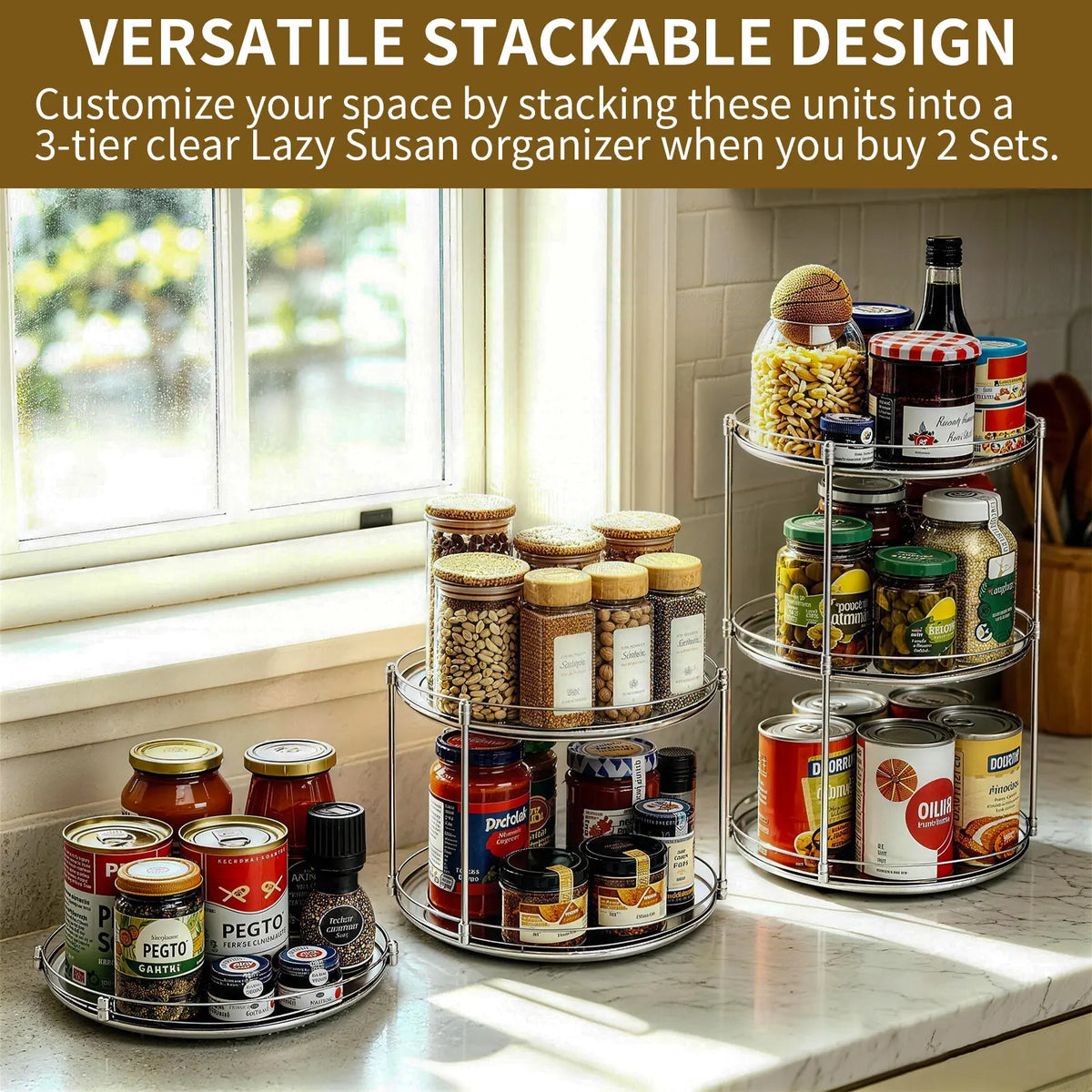 DGAPHRO Rotating Spice Rack Lazy Susan Turntable Organizer, 2-Tier 9.92" Adjustable Storage Organization for Cabinet Kitchen Countertop & Pantry Spice Shelf Cookout Rack.