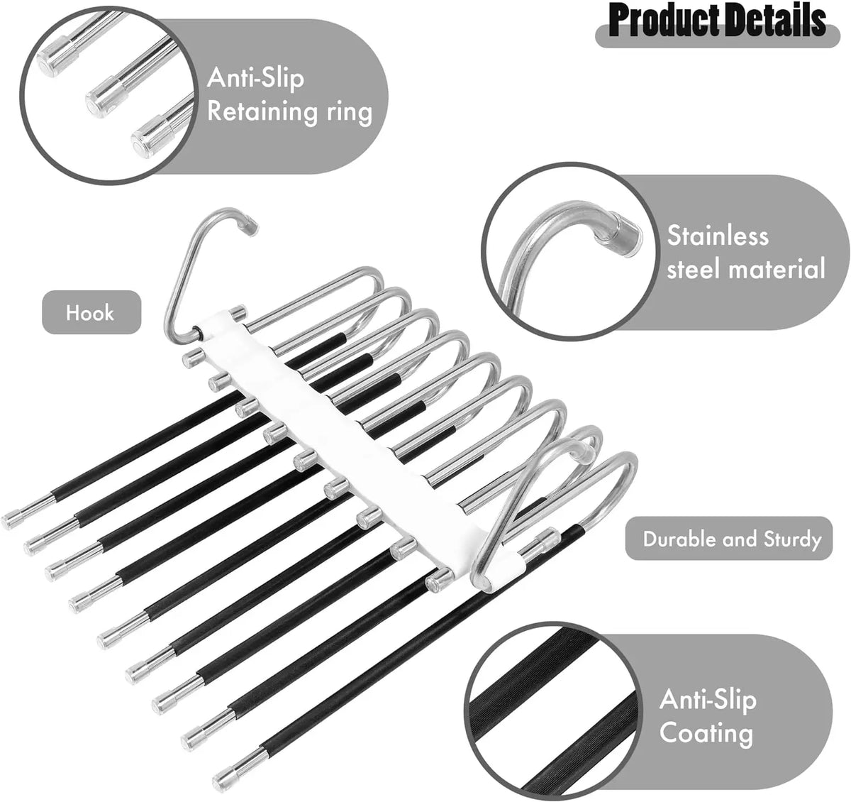 9-Layer Stainless Steel Clothes Hanger Rack with Metal Finish, Space-Saving Rack System for Wardrobes & Bedrooms, Ideal for Jeans, Scarves & Pants, with Clothing Stoppers