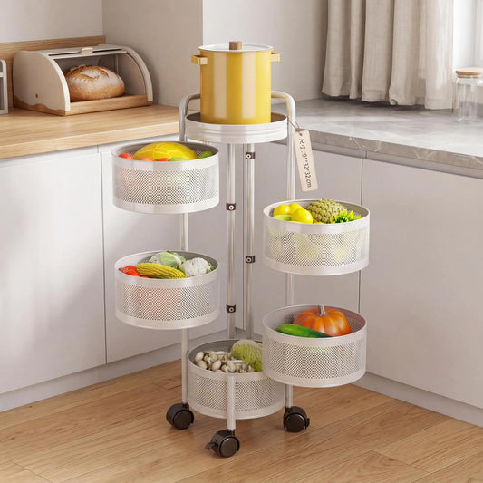 4 Tier Rotating Kitchen Storage Cart on Wheels, Carbon Steel Moving Storage Rack with Top Lid & Basket for Kitchen, Bathroom, Living Room, Bedroom