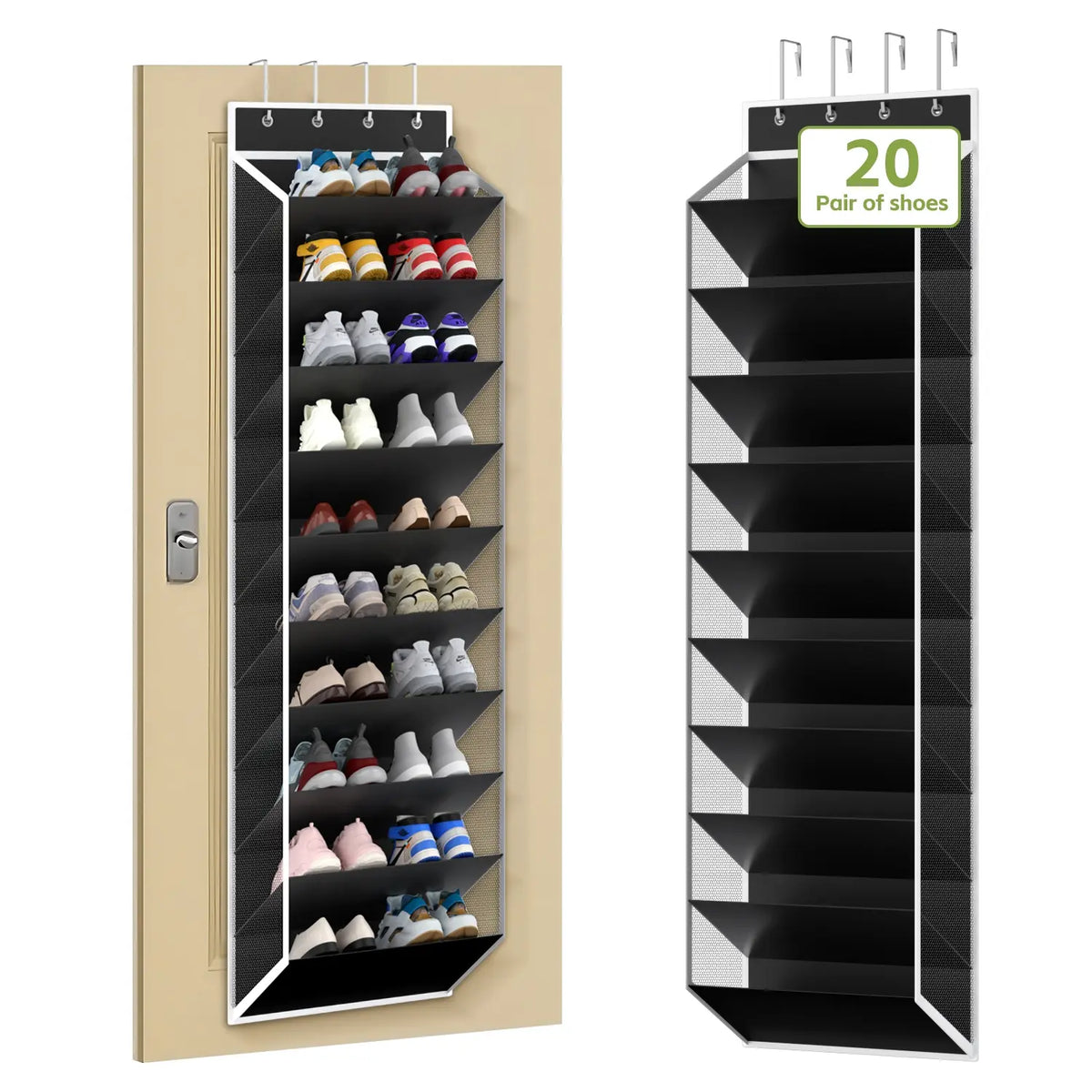 20 Pair Shoe Storage Bag, 10 Tier Hanging Organizer, Mesh Shoe Rack with 4 Metal Hooks, Closet and Door Back Storage Solution