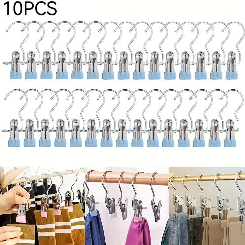 Multi-Functional Metal Clothes Clips with Hooks, Portable 360° Rotating Closet Organizer, Home Storage Clips for Laundry and Apparel, Clip Hangers for Pants