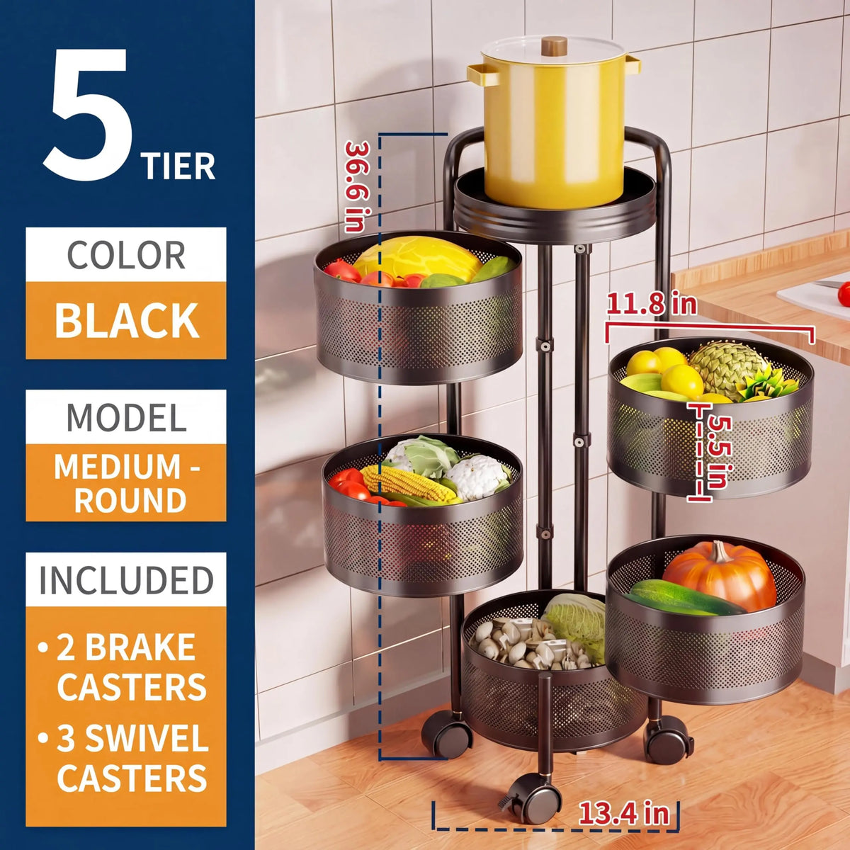 4 Tier Rotating Kitchen Storage Cart on Wheels, Carbon Steel Moving Storage Rack with Top Lid & Basket for Kitchen, Bathroom, Living Room, Bedroom