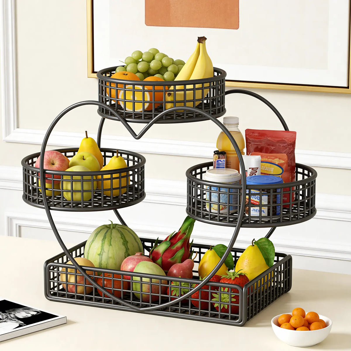3-Tier Metal Frame Heart-Shaped Wire Mesh Open Basket Rack - Kitchen Countertop Organizer, Fruit & Snack Holder, Kitchen Decor Ideas, Thanksgiving Gift, Bathroom Storage Solution with Included Storage Bag for Displaying Items