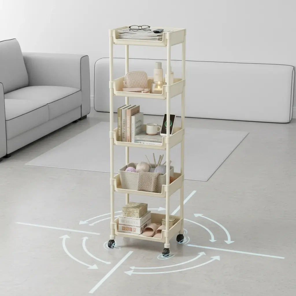 Beige Multifunctional Large-Capacity Plastic Storage Cart with Rolling Wheels - Layered Shelf Racks, Countertop Kitchen Organizer, Accessory Storage Rack, Bedroom Organizer Furniture, Shelves for Bedroom Solution