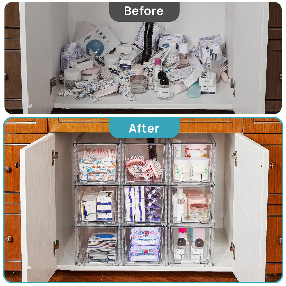 【Restock】Vtopmart 2-8 Pack 12in Stackable Undersink Storage Drawers - Easy-Assemble Plastic Box Organizer, Home Goods Storage Organization Solution for Bathroom Vanity Makeup Cosmetic Organizer Needs