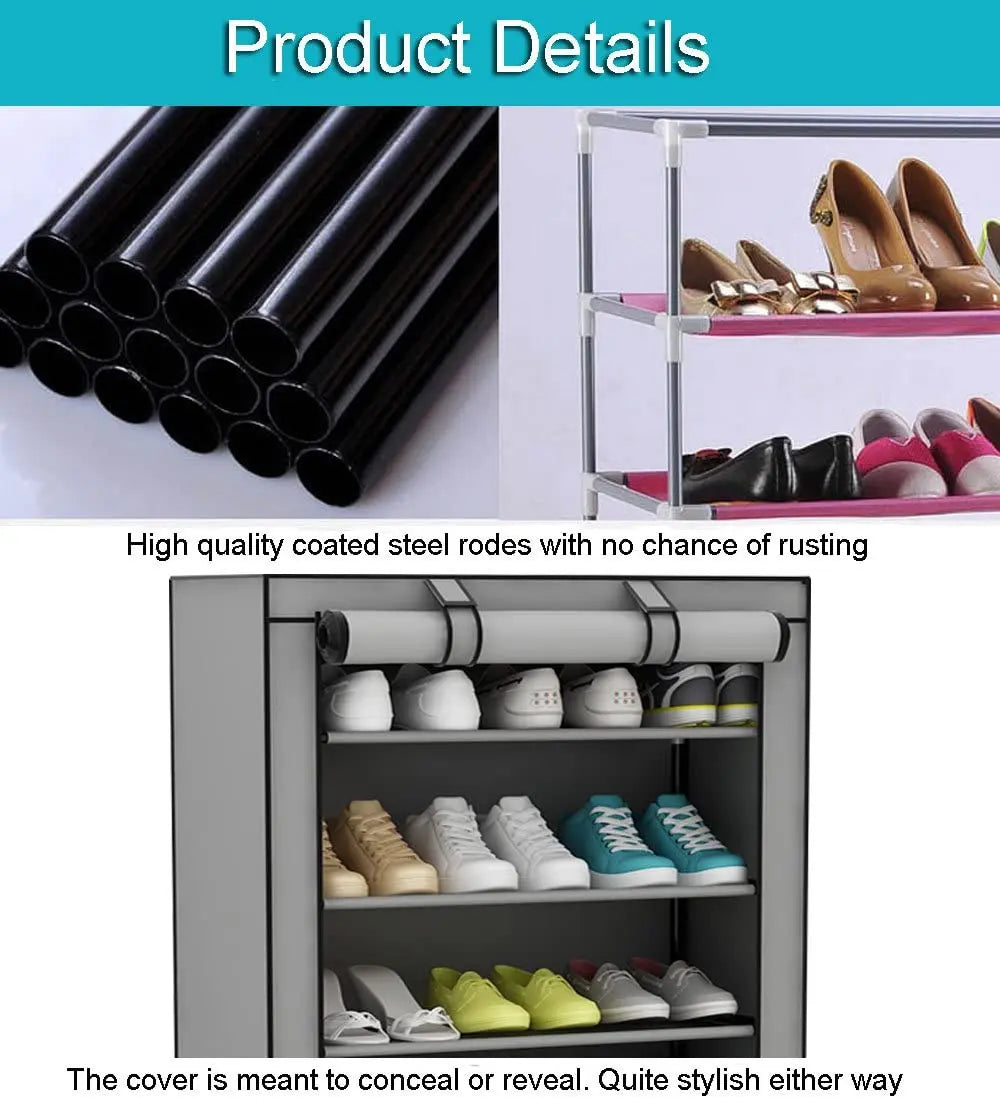 Metal-Plastic Hook Home Storage Organizer, 10-Tier Dustproof Sturdy Rectangle Standing Cabinet with 9 Shelves, Adjustable Multi-Tier Wardrobe Dorm Room Storage Solution