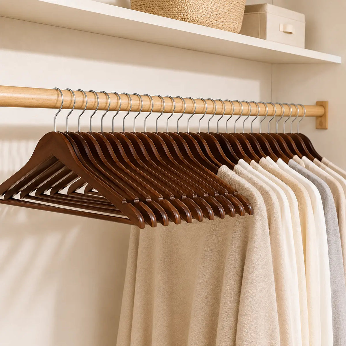 BePatio 17.32" Soild Wooden Coat Hangers,10~30 Pack Clothes Hangers ,Natural Wood Suit Hangers with Non Slip Pant Bar & 360 Degree Rotatable Hook ,Clothes Hangers for Shirts, Jackets, Dress, Pant, Perfect for your closet.