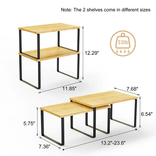 2pcs Cabinet Organizer Shelf, Set of 2 Kitchen Counter Shelves, Kitchen Storage, Spice Rack, Stackable, Expandable, Metal and Engineered Wood