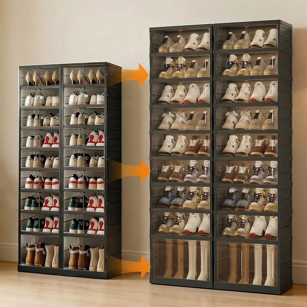 NLDD Extra-Wide & Tall 9-Tier Shoe Cabinet Holds 18 Pairs Clear Doors Wheels for Effortless Storage Stackable Reinforced Frame Ventilation Holes, Shoe Box, Shoe Rack Organizer