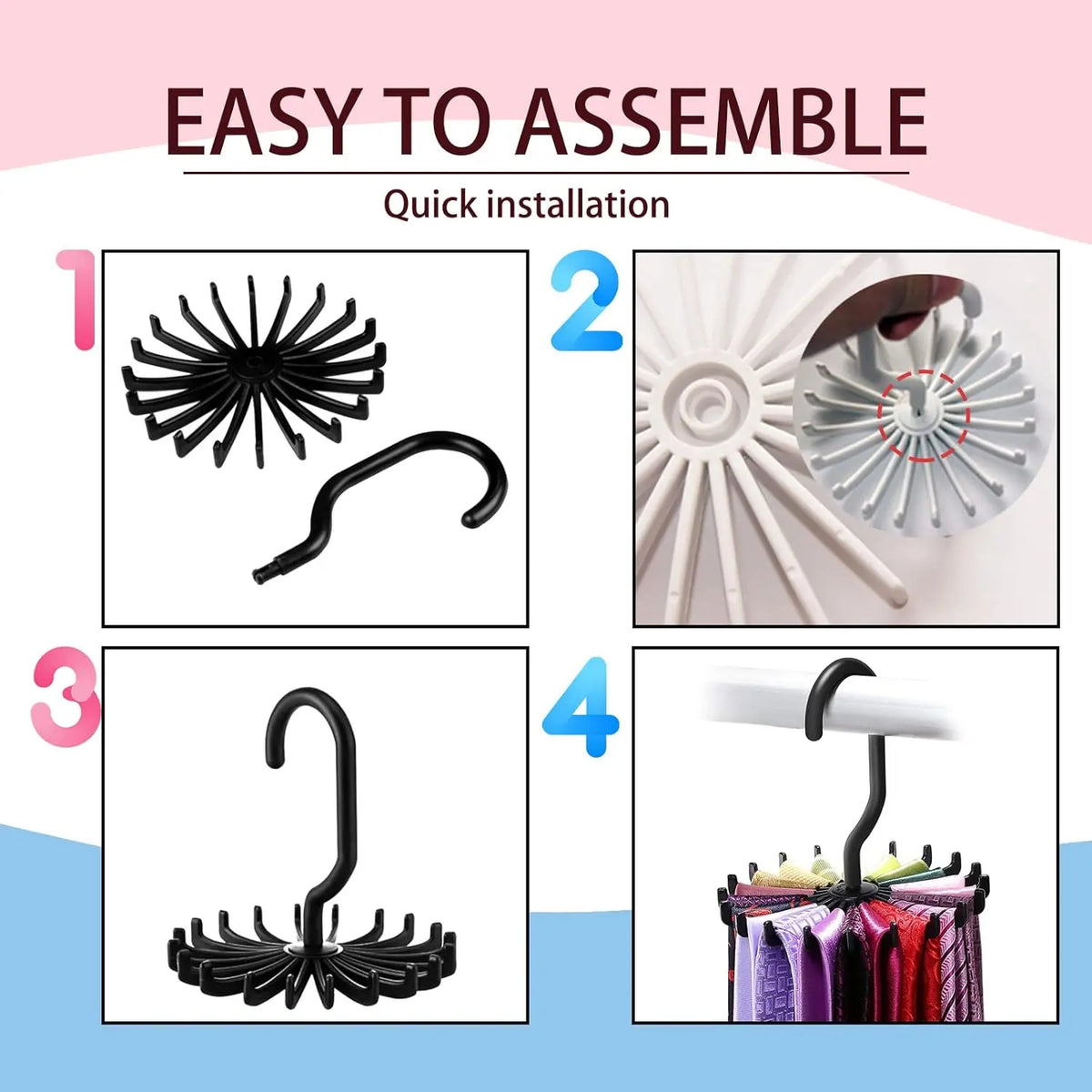 2Pack Circular Tie Hanger Updated Twirl Tie Rack Adjustable Twirl Rack Tie Belt, Multipurpose Organizer for Closet Storage