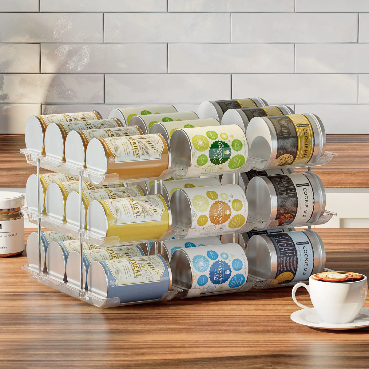 3-Tier Stackable Plastic Can Organizer Shelf - Compact Auto-Rolling Cabinet Organizer Racks, 3 Interlocking Sets Holds 36 Cans, 4.9" Tight Fit Space-Saving Beverage Holder for Pantry & Fridge Organization