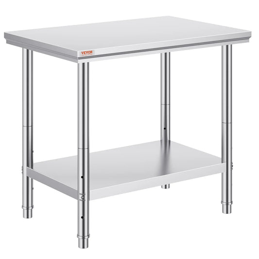 VEVOR Smooth Stainless Steel Prep Table with Shelf, 35x24x31 in, 700 lbs Load Capacity, Heavy-Duty Metal Worktable, 3 Adjustable Height Levels, Commercial Workstation for Kitchen, Garage#SohoChic