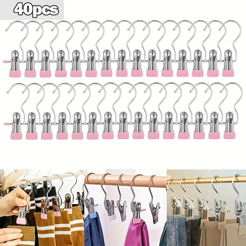 Multi-Functional Metal Clothes Clips with Hooks, Portable 360° Rotating Closet Organizer, Home Storage Clips for Laundry and Apparel, Clip Hangers for Pants