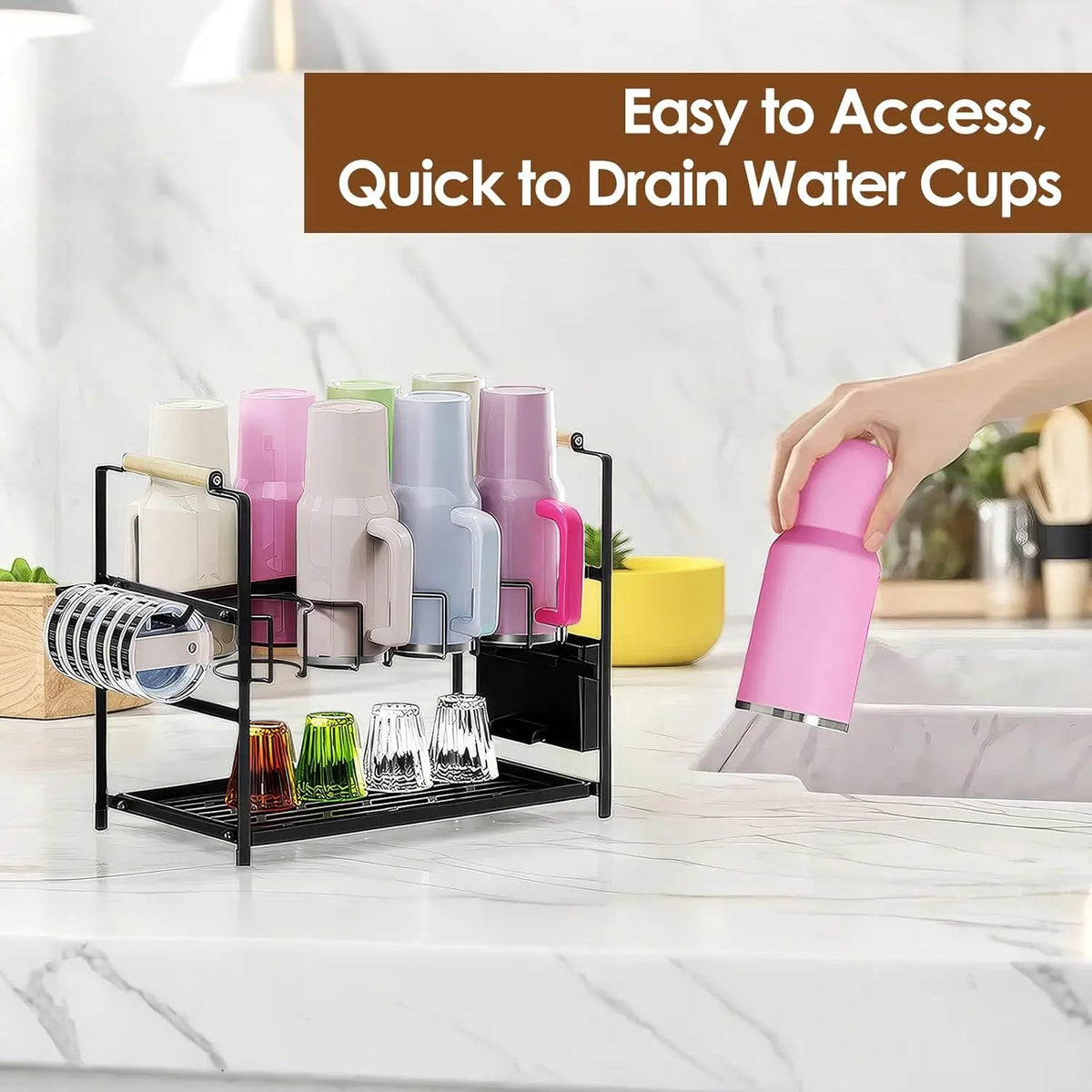 8-Slot Adjustable Smooth Expandable Silicone 2-in-1 Water Bottle Organizer Drying Rack - Kitchen Cabinet Beverage Storage Rack, Cup Organizer for 40 oz Tumblers with Handles (Patented, Removable Silicone Pad, Kitchen Accessories, Father's Day Gifts)