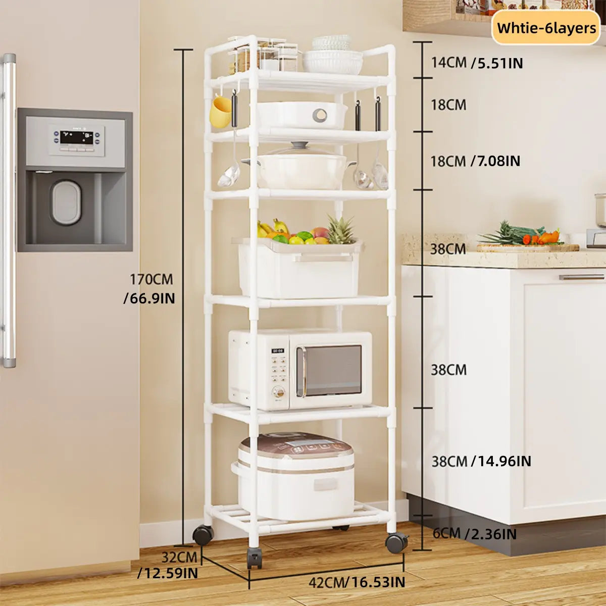 Kitchen Storage Rack, Adjustable Metal Rack, Adjustable Organiser, 3-6 Tier Metal Shelf with Wheeled Mobility, Multi-Purpose Versatile Use Organizer for Oven Pots, Options, Home Bathroom Storage, Layered Shelf Organizer, Multifunctional Storage Shelf