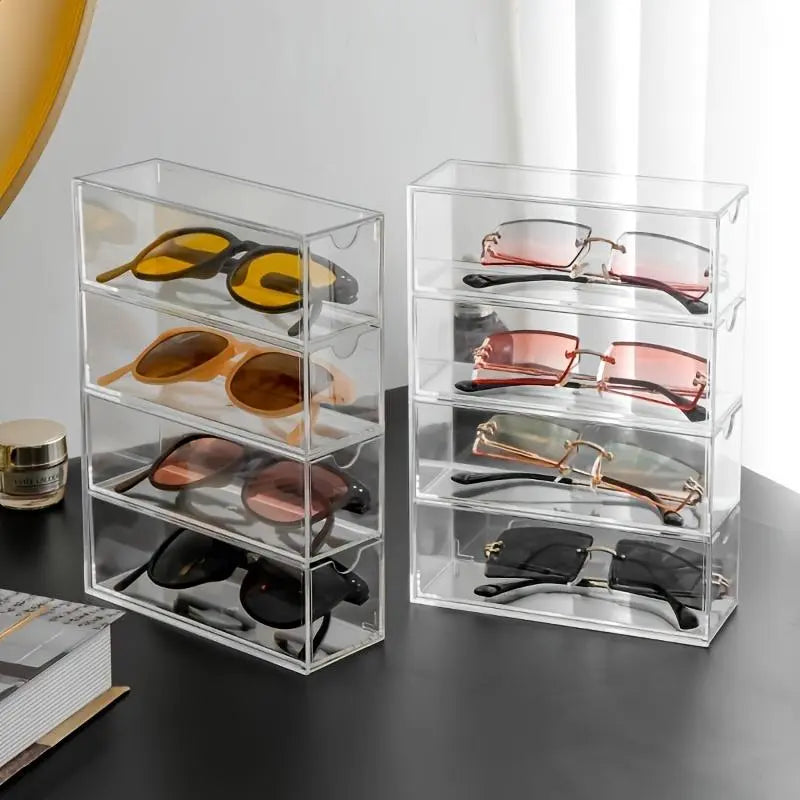 Clear Acrylic Sunglasses Storage Box, 1 Count 4 Layer Sunglasses Display Box, Sunglasses Organizer, Home Organizer for Living Room Bedroom, Multi Grids Organizer, Durable Storage Organizer