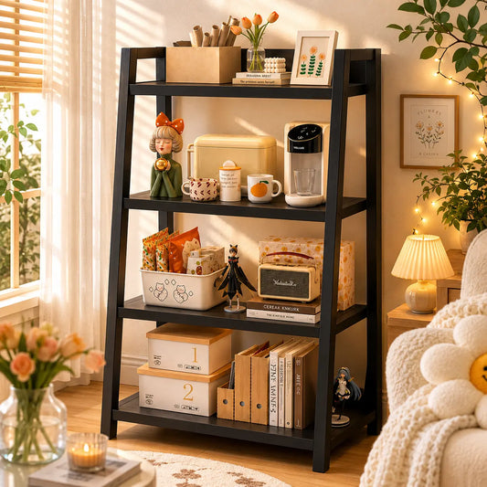 4-Tier Load-Bearing Metal Bookshelf - Floor-Standing Storage Rack, Bedroom Storage Solution, Space Saving Furniture for Small Rooms, Moisture-Resistant Industrial Home Library Organizer