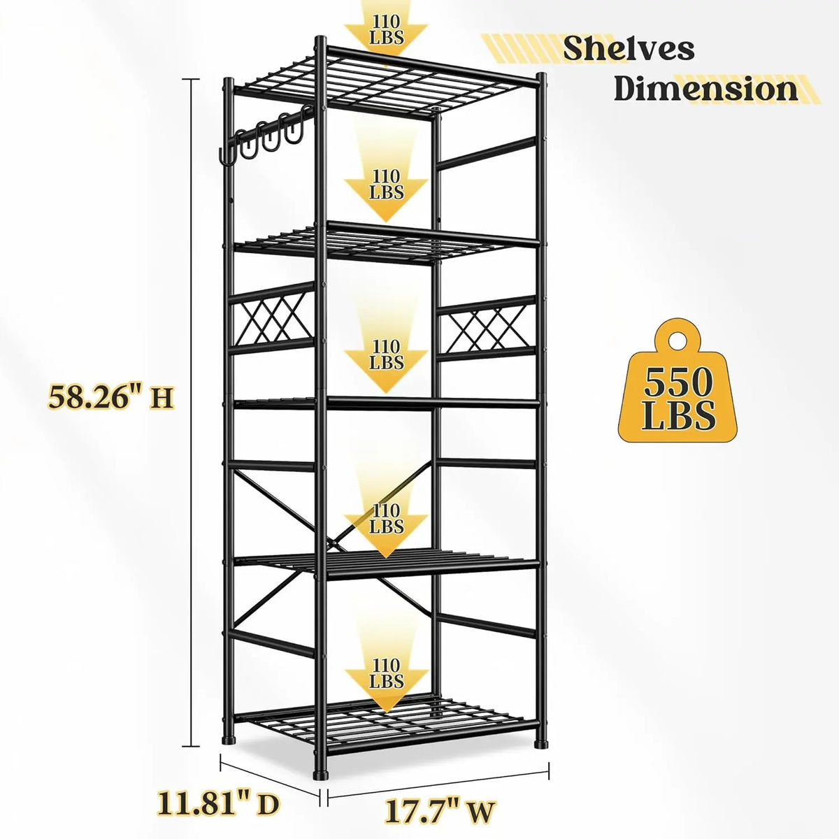Raybee 5-Tier/6-Tier Storage Shelves, Sturdy Metal Shelving Units with Hooks,Wobble-Free Utility Storage Racks with Leveling Feet,Slim Standing Shelf Organizer for Garage Kitchen Corner Pantry, 17.7”W×11.8”D ×58.3”H