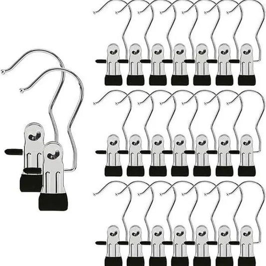 Heavy Duty Stainless Steel Hangers (16-Count) - Anti-Rust Adjustable Clips, Rubber Tips for Fabric Protection, Strong Grip, Waterproof, Non-Slip Neutral Compact Organizer for Towels, Pants - Clothes Storage Solution (Hangers & Pegs)