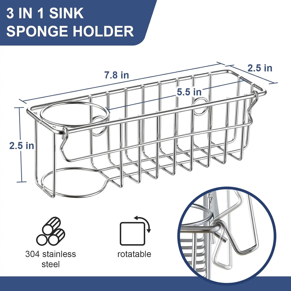 3-In-1 Sponge Holder for Kitchen Sink with Suction Cups & Adhesive Hook , In-sink Sponge Holder, Wall  Sink  Organizer Rack - Sponge, Dish Cloth, Brush,  - 304 Stainless Steel
