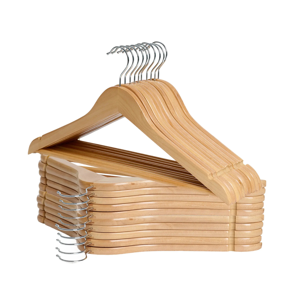 BePatio 17.32" Soild Wooden Coat Hangers,10~30 Pack Clothes Hangers ,Natural Wood Suit Hangers with Non Slip Pant Bar & 360 Degree Rotatable Hook ,Clothes Hangers for Shirts, Jackets, Dress, Pant, Perfect for your closet.
