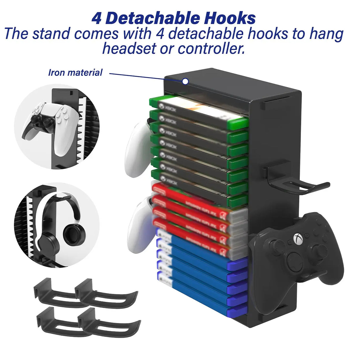 16 Slot Video Game Disc Storage Tower, Vertical Game Case Organizer Rack, ABS Stackable Stand, Space Saving Game Shelf, Controller Holder, Compatible with PS5 PS4 Xbox Series X Xbox One and Switch, for Gaming Room Setup Collector Display and Desk Organiz