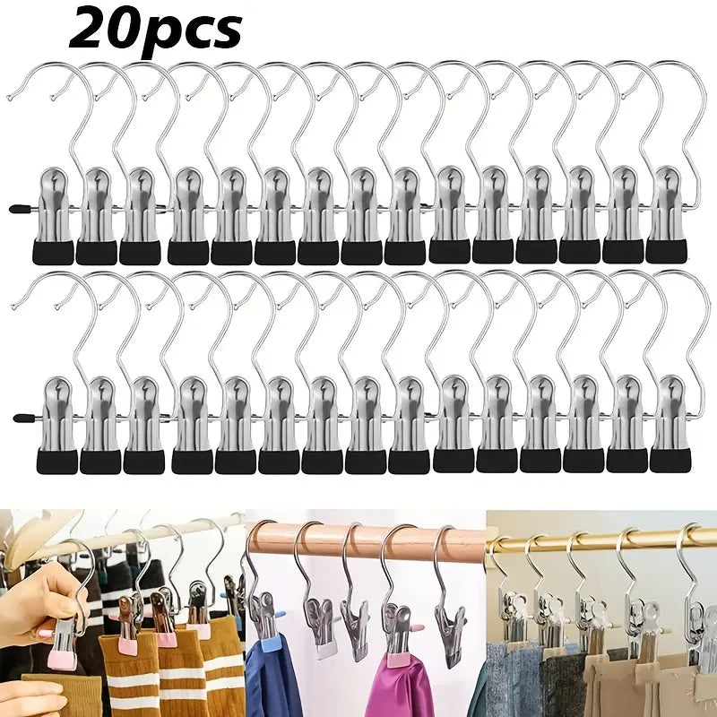 20pcs  Multi-Use Clips with Hooks - Portable Hangers Rotatable Clothes Hanger Organizers for Laundry, Pants, Hats & Skirts Hanger Set - 360° Rotating Storage Organizer