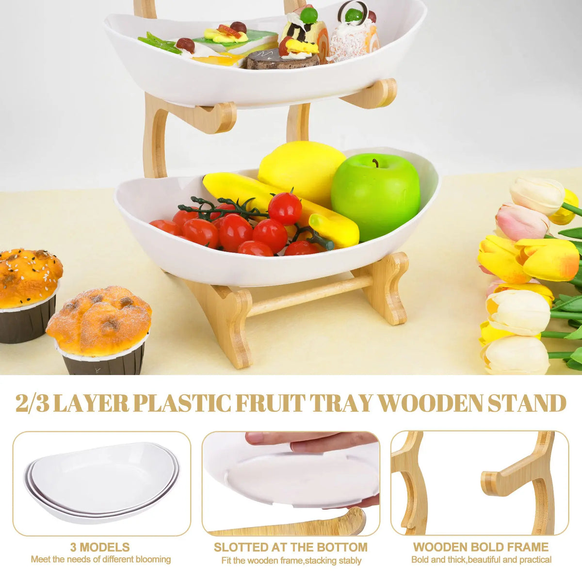 Modern 3-Tier Fruit Basket Stand, Bamboo Frame Snack Tray for Living Room , Space-Saving Countertop Organizer with White Plastic Bowls , Kitchen Countertop Snack Dessert Cake Tray Holder, Countertop Organizer , Decorative Tray , Vegetable Fruit Container