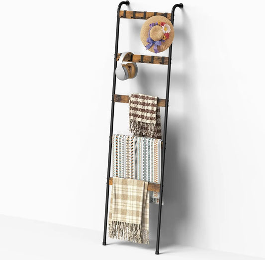5-Tier Rustic Freestanding Metal & Sturdy Wooden Blanket Ladder Shelf - 10 Removable Hooks, Anti-Slip Pads, Cottage Style Organiser Storage Rack for Bedroom, Home Accessories#tiktokshopsummersale