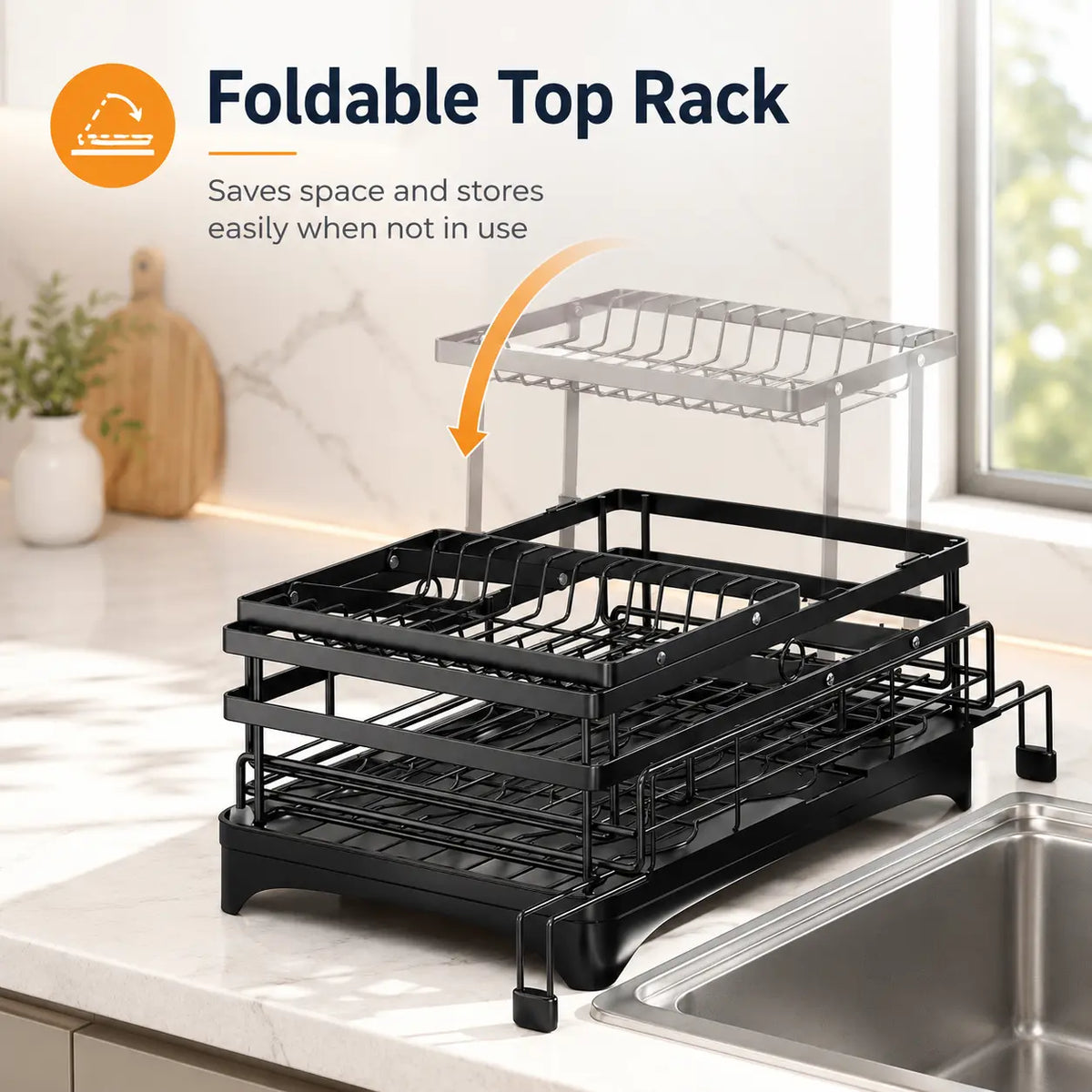 Snofrid Foldable Over-Sink 2-Tier Dish Drying Rack - Pull-Out Dish Drainer with Utensil Holder, Cup Rack, Draining Boards, Drain Spout, Rustproof Steel for Long Use, Anti-Rust Space-Saving Kitchen Organiser Home Accessory