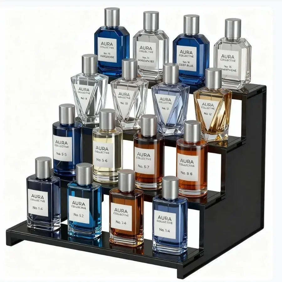 Lifewit 12-Inch 4-Layer Black Plastic Rectangle Decoration Stand with Elegant Fences - Sturdy Lightweight Storage Holder & Rack for Cologne, Vanity Organizer Storage, Room Decor