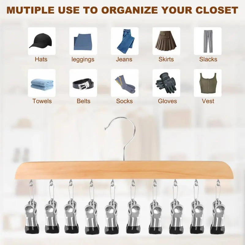 Wooden Leggings Hanger 2-Pack - Hanging Clothes Organizer with 10 Rubber-Coated Clips Each, Holds 20 Leggings, Jackets, Pants, Non-Woven Space-Saving Home Closet Organization Solution