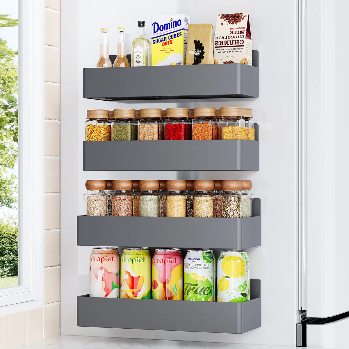 Nieifi 4-Pack Magnetic Spice Rack, Strong Magnet Fridge Organizer with Shelves for Kitchen, Office, Classroom & Coffee Bar, Black