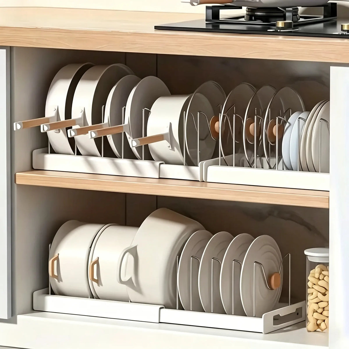 UFORU Expandable Kitchen Pots and Pans Organizer Rack - Heavy-Duty Steel&Plastic Cookware Storage with 7 Removable Dividers, Rust-Resistant Lid Holder for Cabinet Storage, Home Use Organization