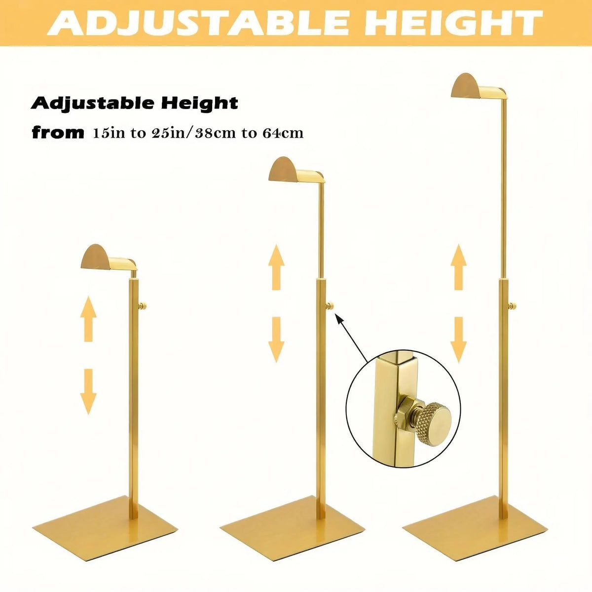 Gold 3-Piece Stainless Steel Handbag Display Stands - 14 to 24 Inches Expandable Adjustable Height Holders with Curved Support, Sturdy Base, Wallet & Headphone Holder for Retail & Home Organization (Set of 3)
