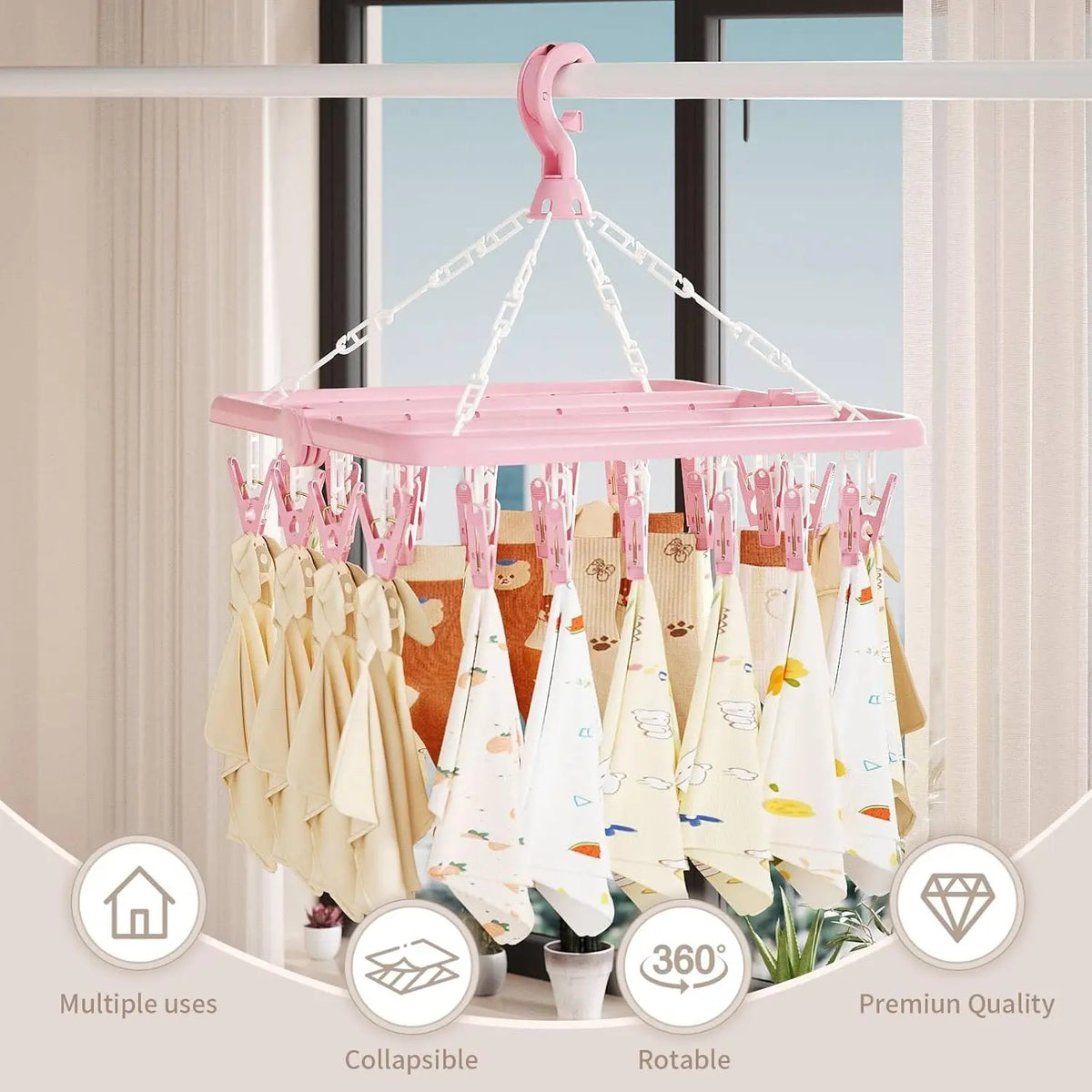 Plastic Compact Laundry Hanging Rack - Lightweight Eco-Friendly Durable Clothing Organizer, 32-Clips Hanger Space Saving Organiser Hanger, Foldable, 360° Rotatable Hook, Wall Mount Option, Adjustable Travel-Ready for Socks