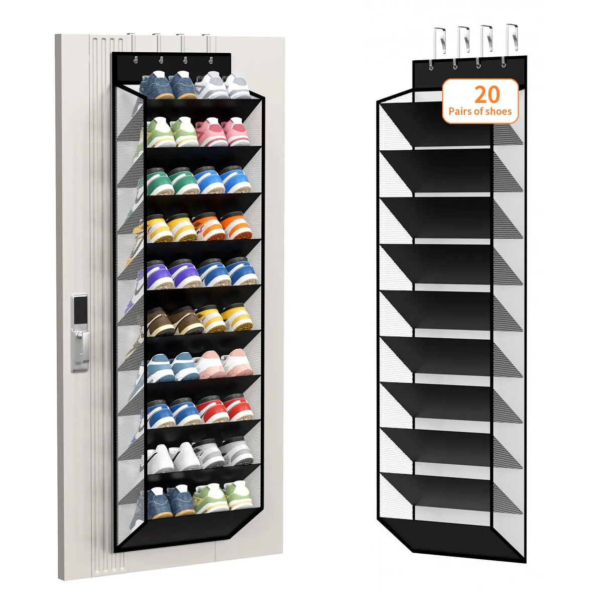 20 Pair Shoe Storage Bag, 10 Tier Hanging Organizer, Mesh Shoe Rack with 4 Metal Hooks, Closet and Door Back Storage Solution