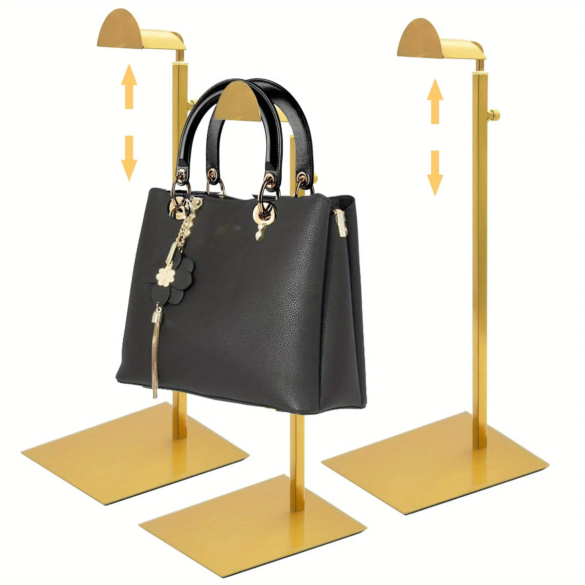 Gold 3-Piece Stainless Steel Handbag Display Stands - 14 to 24 Inches Expandable Adjustable Height Holders with Curved Support, Sturdy Base, Wallet & Headphone Holder for Retail & Home Organization (Set of 3)