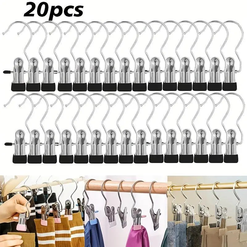 Multi-Functional Metal Clothes Clips with Hooks, Portable 360° Rotating Closet Organizer, Home Storage Clips for Laundry and Apparel, Clip Hangers for Pants