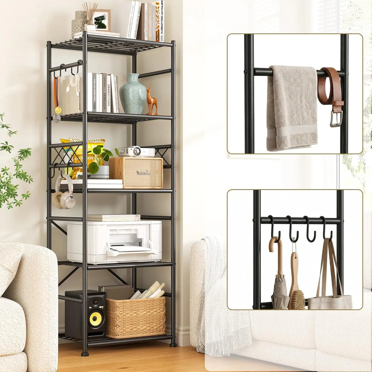 Raybee 5-Tier/6-Tier Storage Shelves, Sturdy Metal Shelving Units with Hooks,Wobble-Free Utility Storage Racks with Leveling Feet,Slim Standing Shelf Organizer for Garage Kitchen Corner Pantry, 17.7”W×11.8”D ×58.3”H