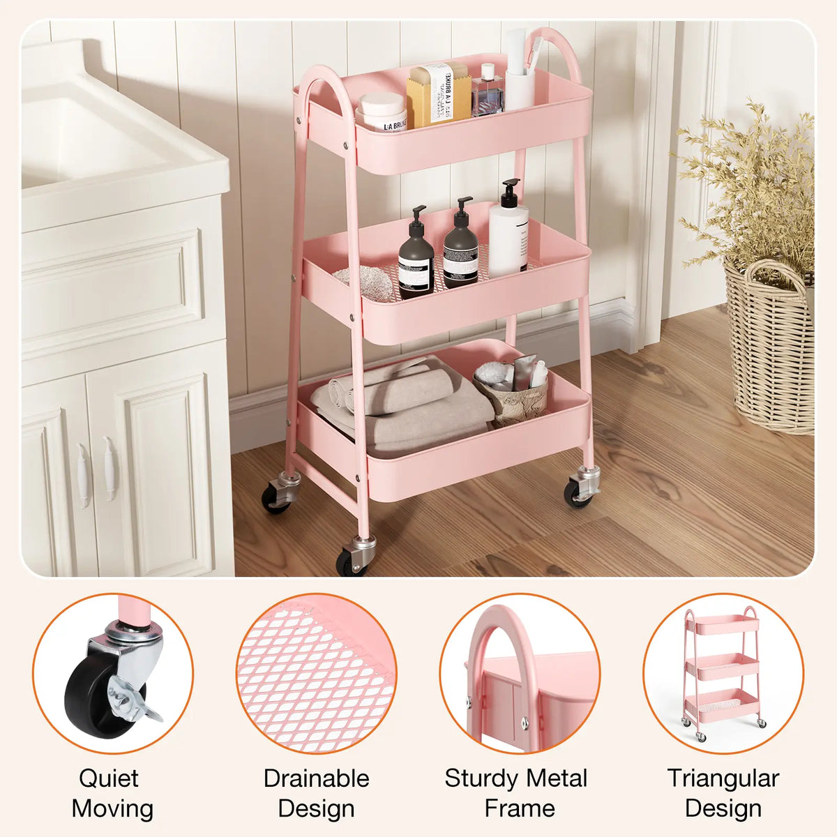 3-Tier Stable Metal Rolling Cart Organization - Indoor Storage Utility Trolley with Locking Wheels, Narrow Mobile Rack for Bedside Snack Cart, Magazine Shelf Use