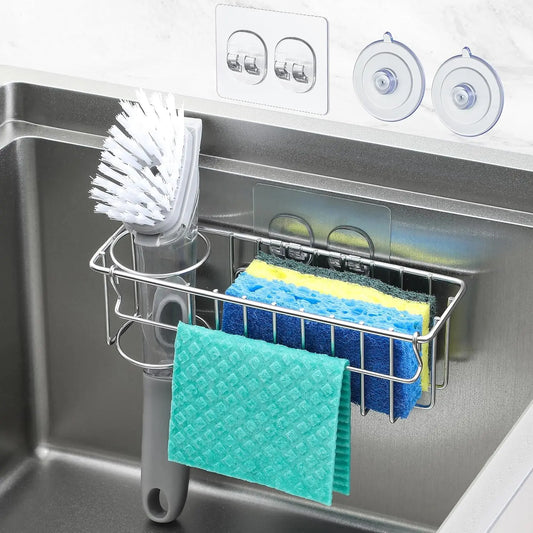 3-In-1 Sponge Holder for Kitchen Sink with Suction Cups & Adhesive Hook , In-sink Sponge Holder, Wall  Sink  Organizer Rack - Sponge, Dish Cloth, Brush,  - 304 Stainless Steel