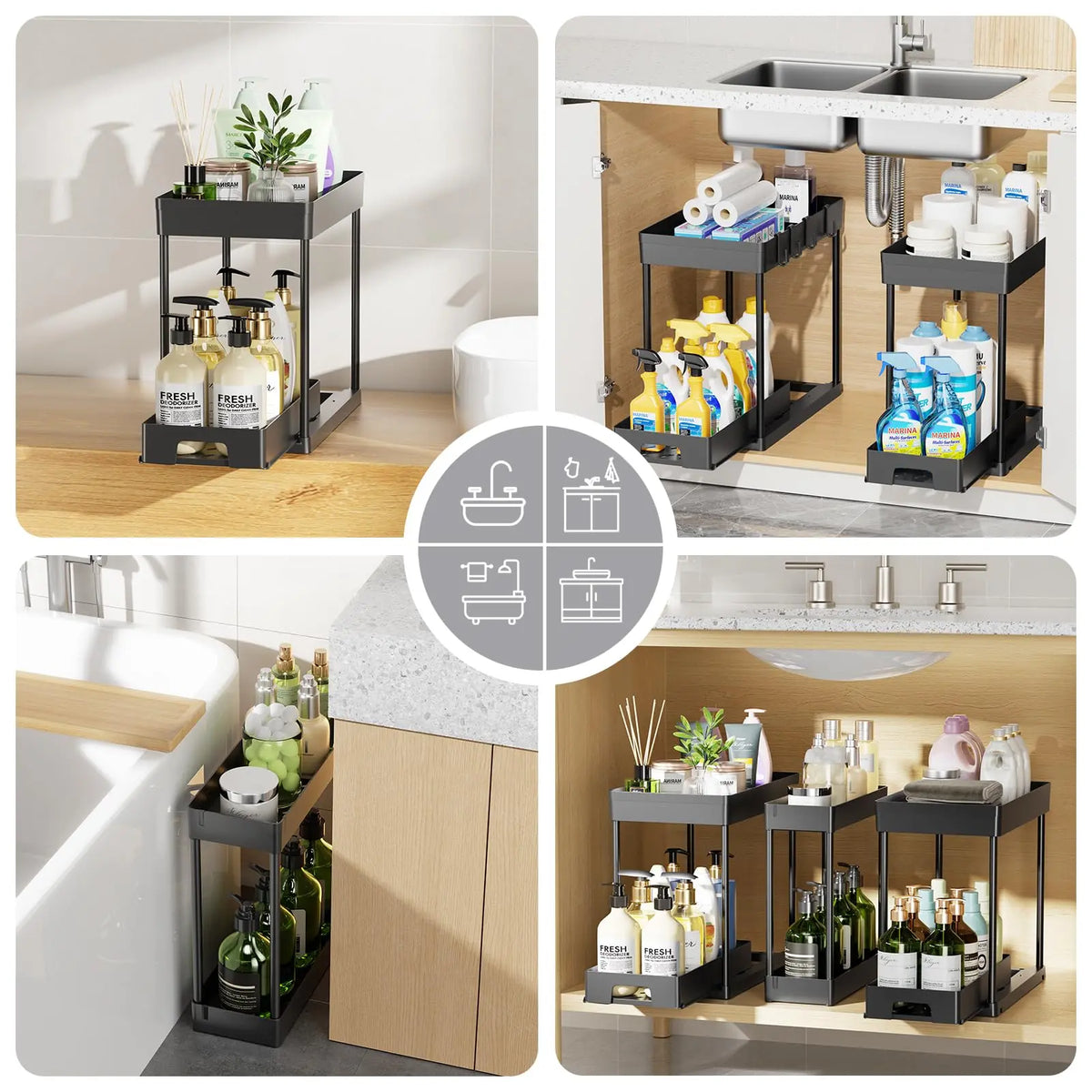 YECAYE 3-Pack 2-Tier Adjustable Storage Rack, Slide-Out Spice Bottle Holder for Large/Small Spaces, Under-Sink & Countertop Organizer for Tiny Kitchens, 3 Units Space-Saving Shelving for Baking & Bathroom Use