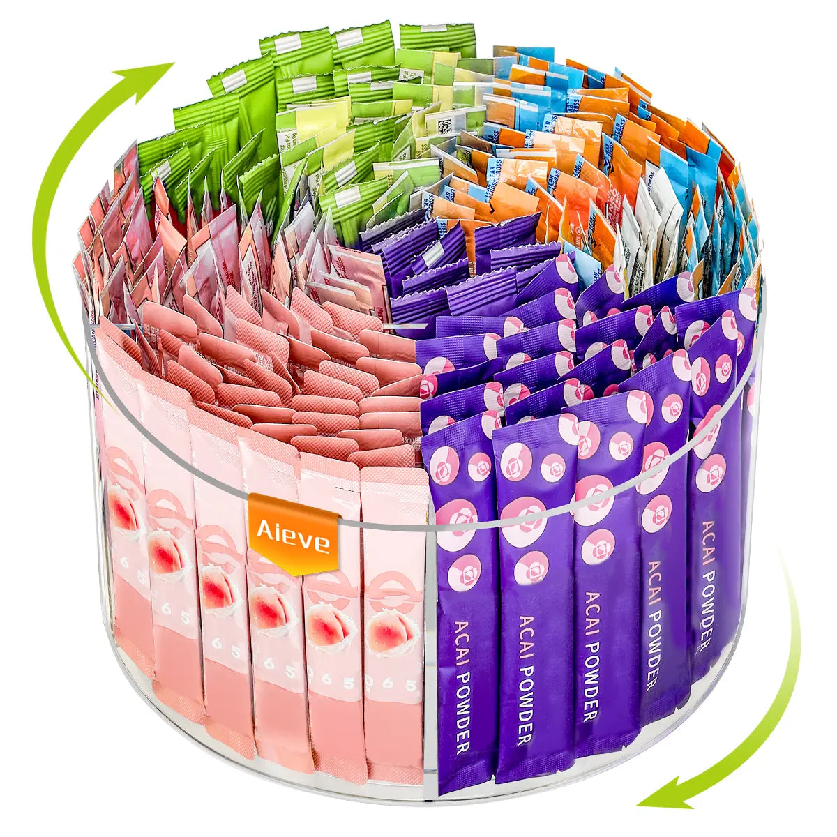 AIEVE Acrylic Holder Dispenser - 360° Turntable Storage Organization Rack, Drink Packet Organizer for Water Flavor Mixes, Built for Kitchen Counters & Desks (Summer Sale Deal)