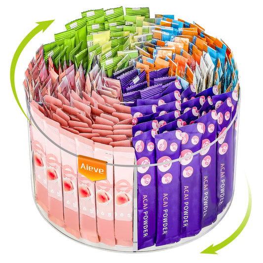 AIEVE Acrylic Holder Dispenser - 360° Turntable Storage Organization Rack, Drink Packet Organizer for Water Flavor Mixes, Built for Kitchen Counters & Desks (Summer Sale Deal)