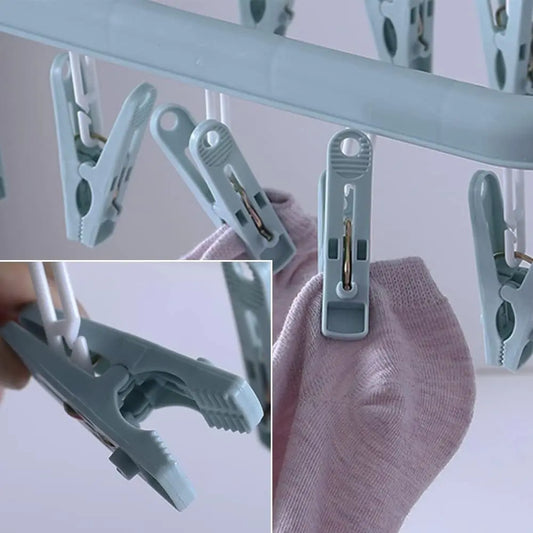 Plastic Folding Clothes Hanger with 32 Clips - Adjustable, Compact, Space-Saving Scandinavian Blue Organiser, Hangers Space Saving for Balcony/Bath, Hanging Drying Rack with Hook