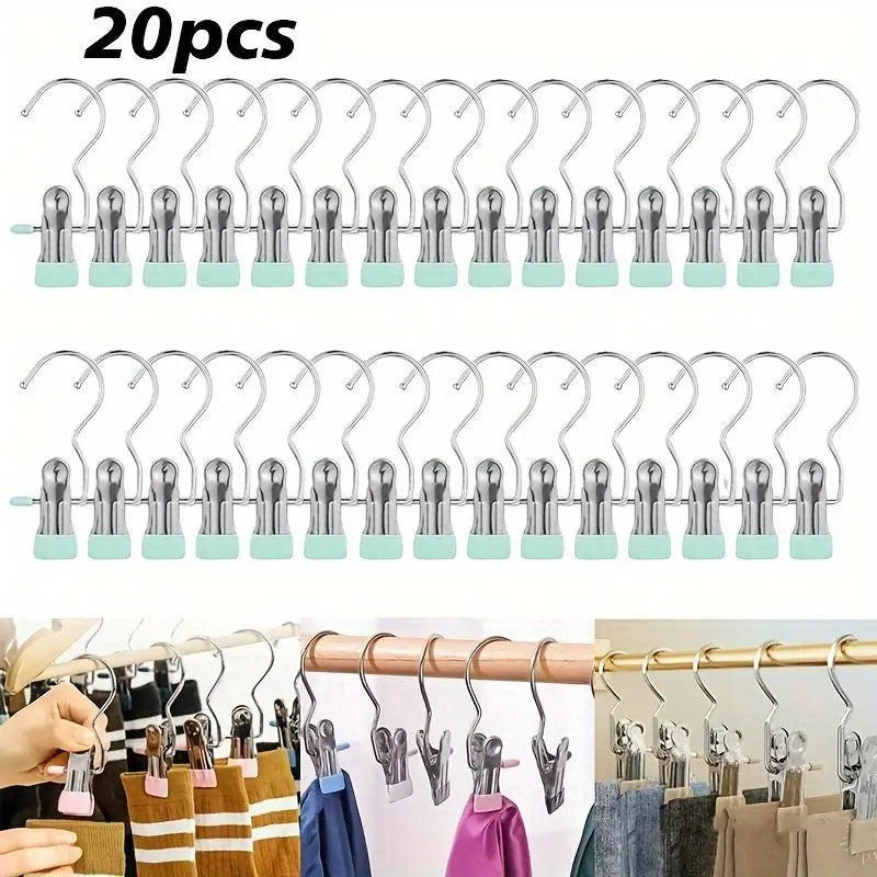 Multi-Functional Metal Clothes Clips with Hooks, Portable 360° Rotating Closet Organizer, Home Storage Clips for Laundry and Apparel, Clip Hangers for Pants